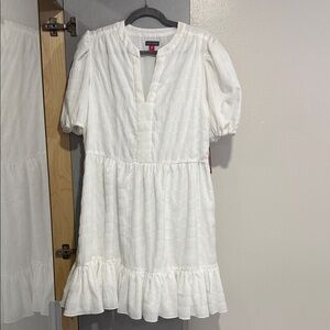 Vince Camuto White Puff-Sleeve Ruffle Mini Dress